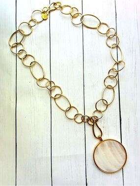 NEW Talbots Abalone Shell Mother-of-Pearl Pendant Gold Link Hook Necklace